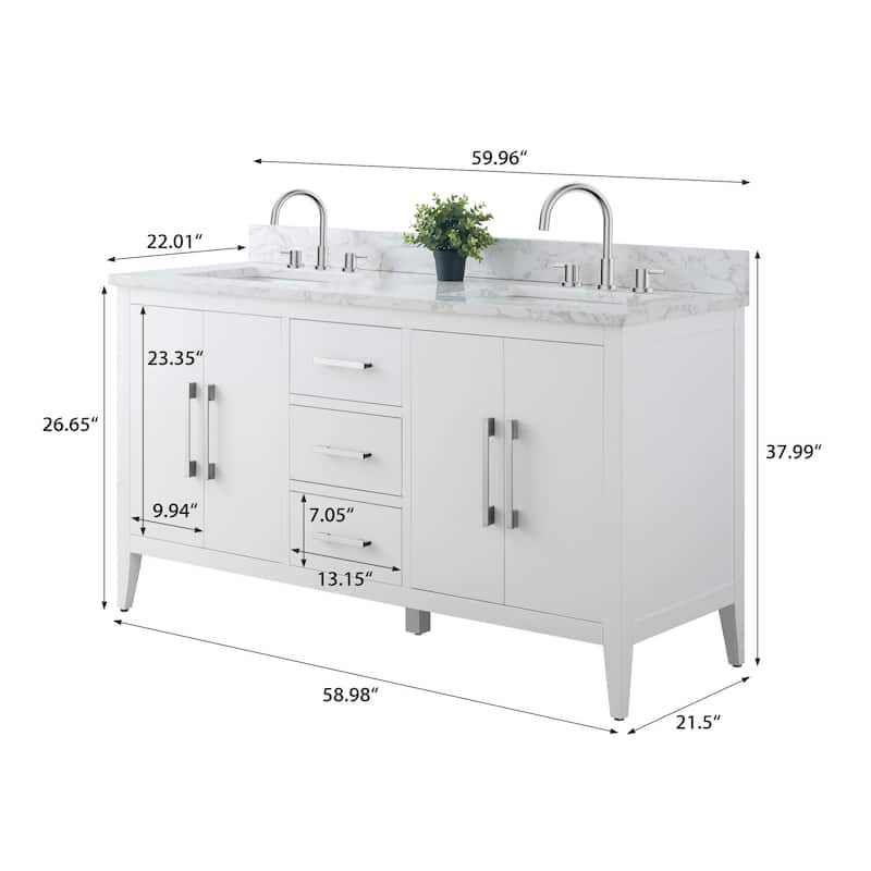 Vanity Art 60" Double Sink Bathroom Vanity Cabinet with Engineered Marble Top