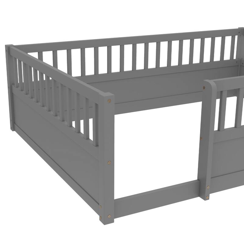 Solid Wood Floor Bed Frame without Slats, Montessori Kids Floor Beds with Full Length Fence, No Box Spring Needed