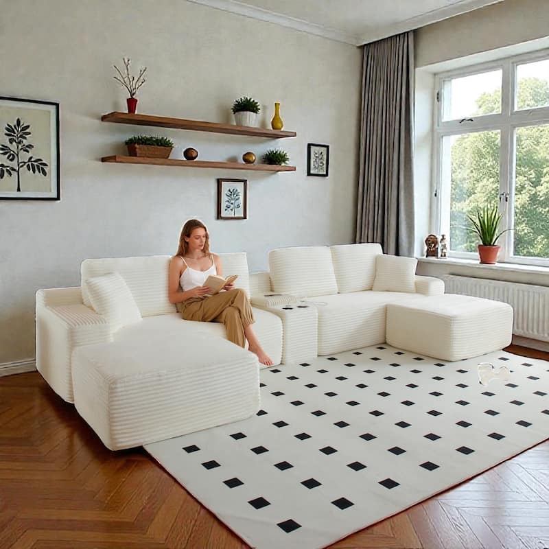 125" L Shaped Sectional Sofa with 2 Ottomans, Cloud Corduroy Couch with Deep Seat, Cup Holders and USB Ports - Beige
