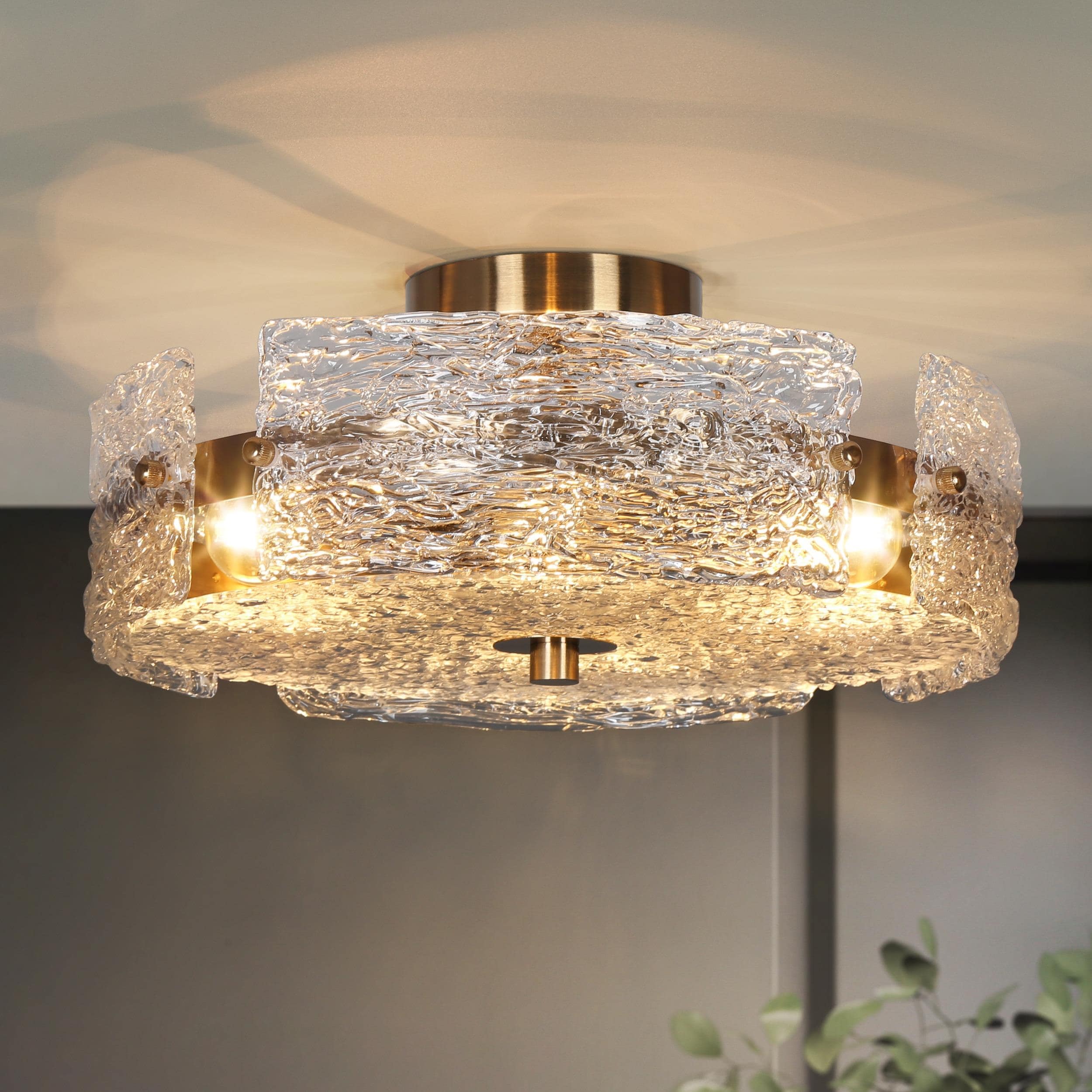 Uolla Modern Glam 4-Light Drum Warm Brass Semi Flush Mount Light with Textured Glass - D 15.5"* H 6.5"