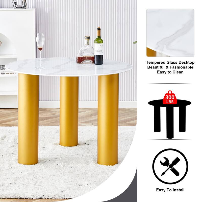 Roomfitters Round Dining Table with Faux Marble Glass Top and Golden MDF Legs for Kitchen or Living Room, White
