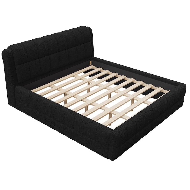 Upholstered Platform Bed with Thick Wingback Headboard and Wood Slat Support