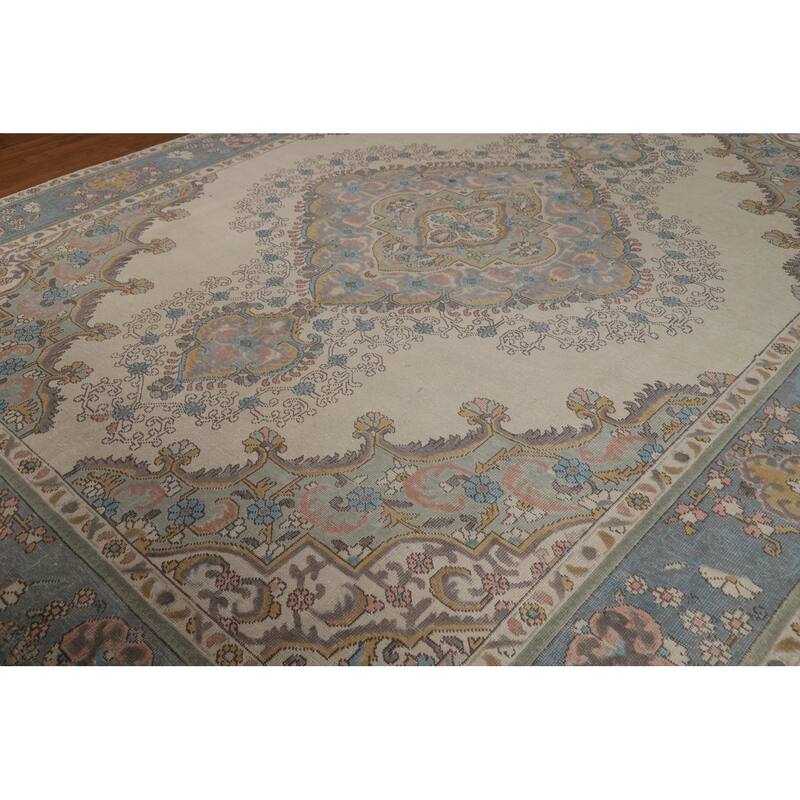 Geometric Tabriz Persian Area Rug Hand-Knotted Beige Wool Carpet - 9'10"x 12'6"