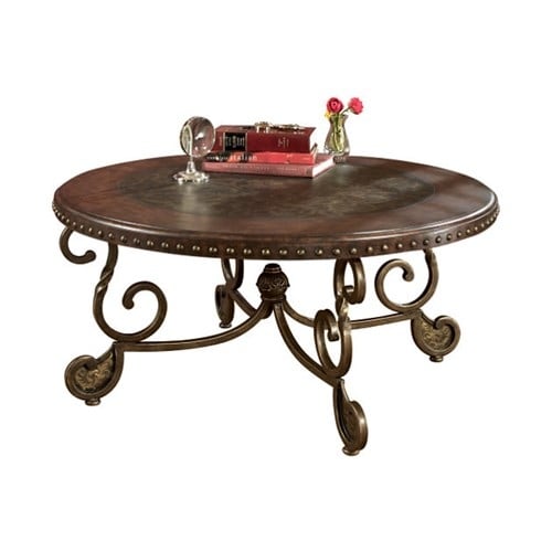 Ashley T382-8 Rafferty Dark Brown Round Cocktail Table w/ Decorative Metal Detail