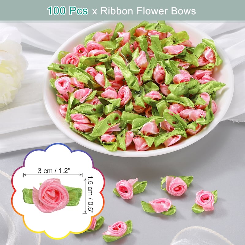 100 Pcs Mini Ribbon Roses Flowers Bows for Crafts, 15mm/0.6" Dia - Dark Pink