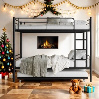 Twin over Twin Metal Bunk Bed with Trundle,Ladder and Full-Length Guardrail For Home