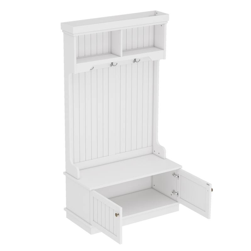 GDFStudio - Cherry Hall Tree with Shoe Bench, Coat Hooks and Display Shelves - 4-in-1 Entryway Organizer