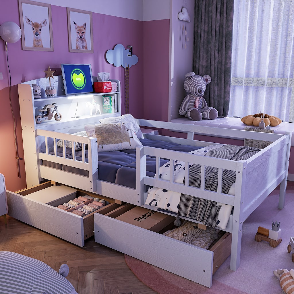 Roomfitters Wood Twin Platform Bed with Multi-Functional Headboard, Lighting, Guardrail and Storage, White