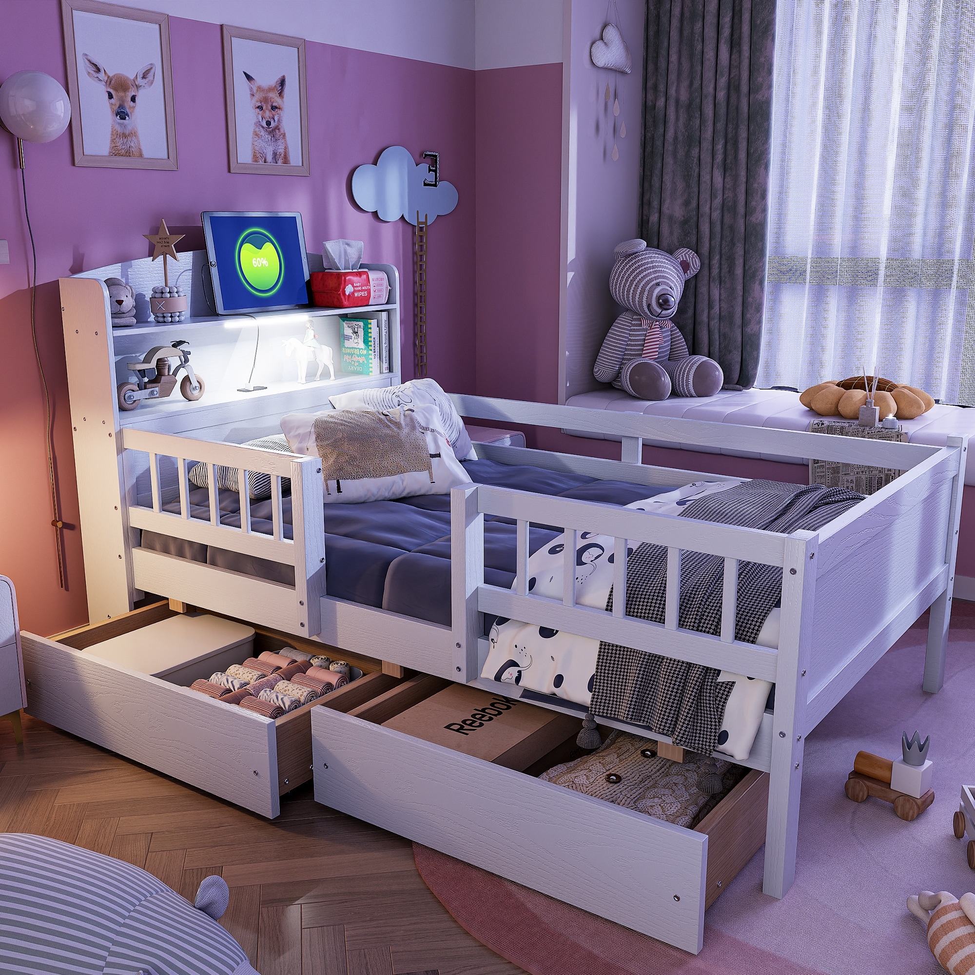 Roomfitters Wood Twin Platform Bed with Multi-Functional Headboard, Lighting, Guardrail and Storage, White