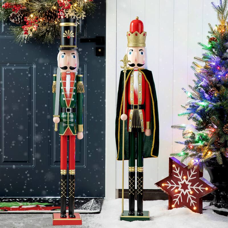 Glitzhome 42"H Set of 2 Wooden Christmas King and Soldier Nutcrackers Xmas Porch Decor - Black&Green