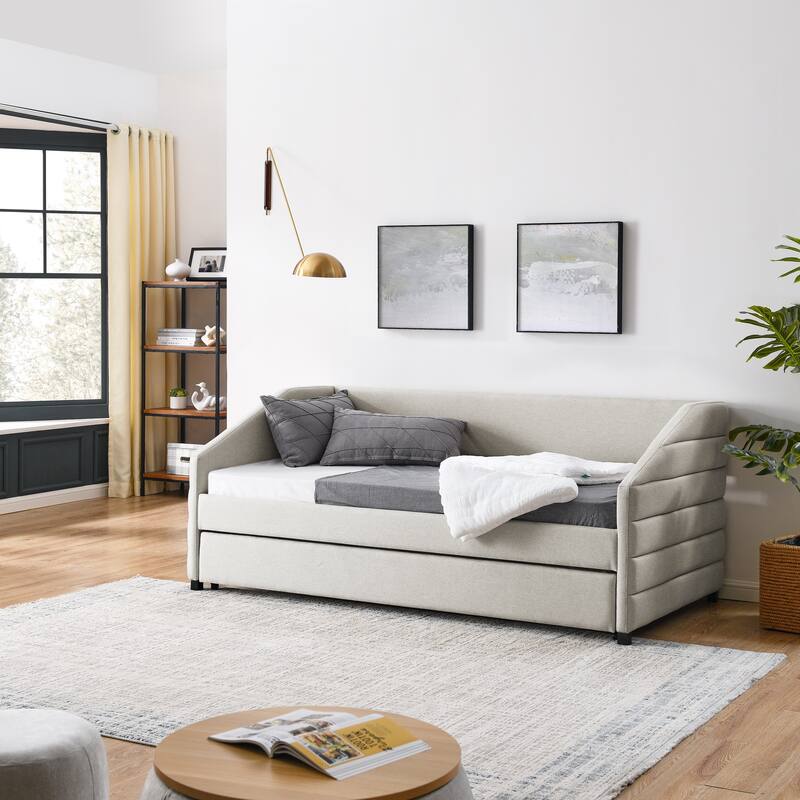 Roomfitters Queen/Twin Size Upholstered Daybed with Drawers, Linen Tufted Sofa Bed with Trundle Storage, Modern Guest Bed