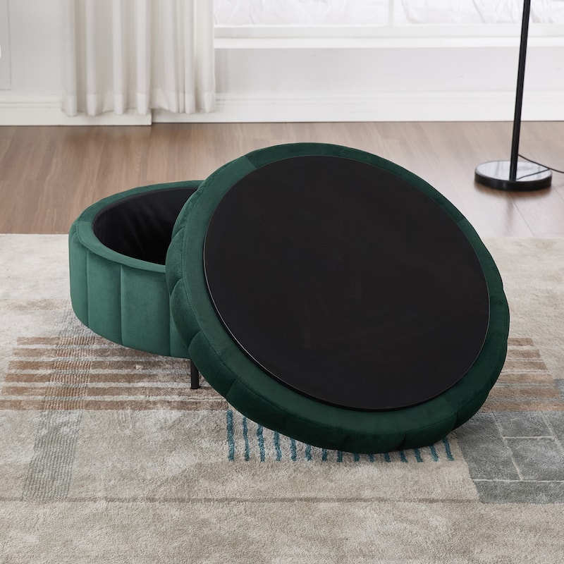 Round Ottoman with Storage, Channel Tufted Pumpkin-Shape Channel Footstool, Upholstered Footrest Stool with Reversible Lid