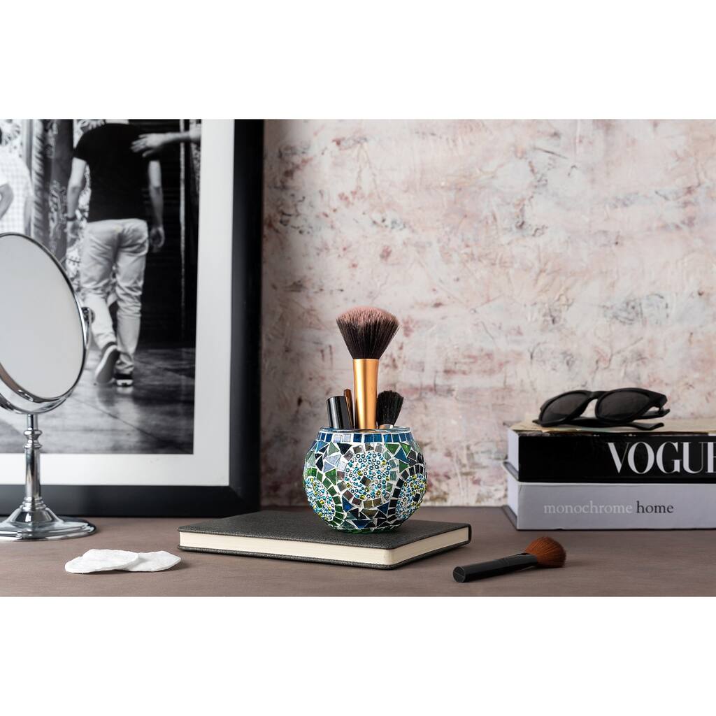 3.4 in. Handmade Turquoise and White Mosaic Glass Votive Candle Holder