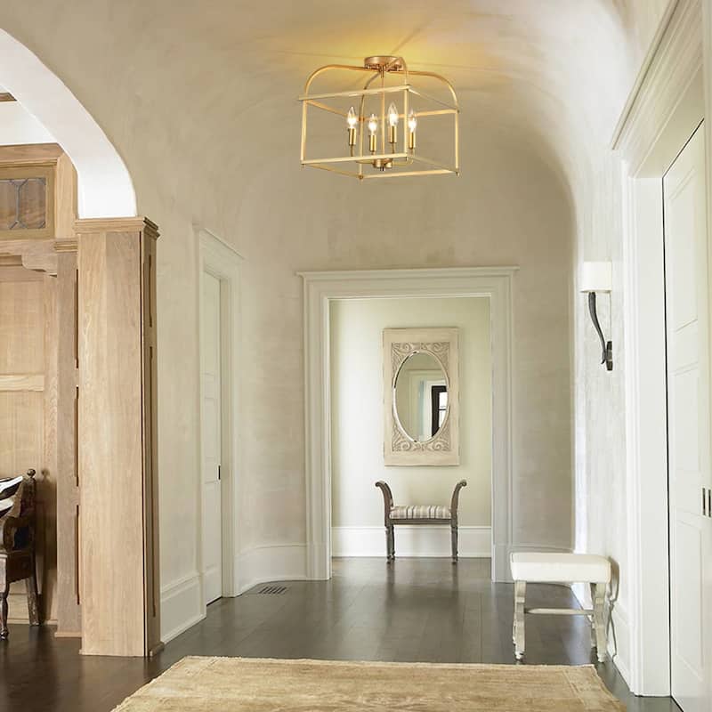 4-Light Iron Open Square Lantern Candle Semi Flush Mount 15in