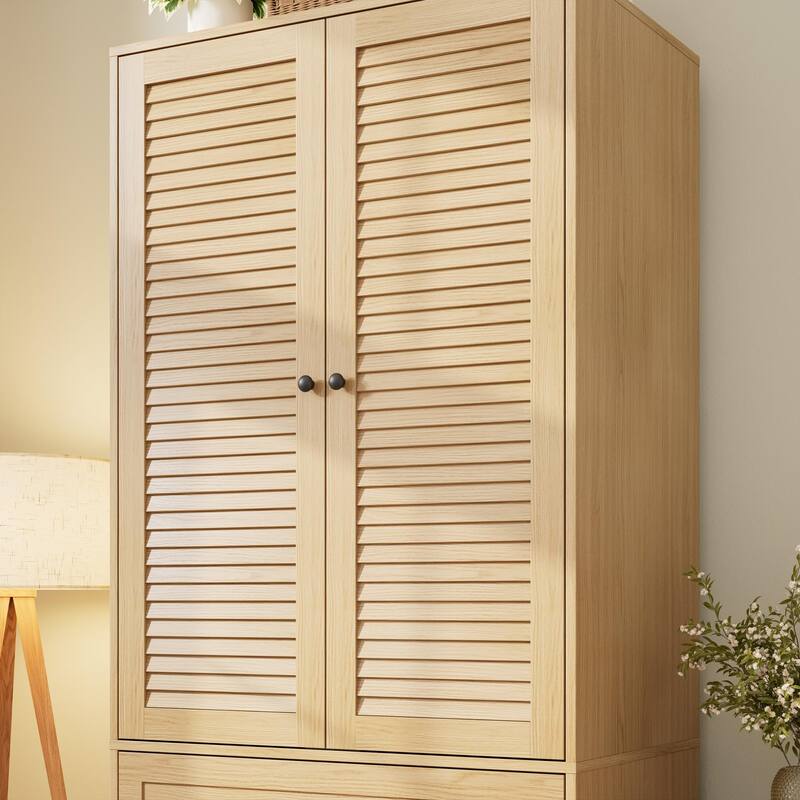 69.5" Wooden Armoire Wardrobe Closet with Louvered Doors, Drawers & Hanging Rod, Natural Finish Storage Cabinet