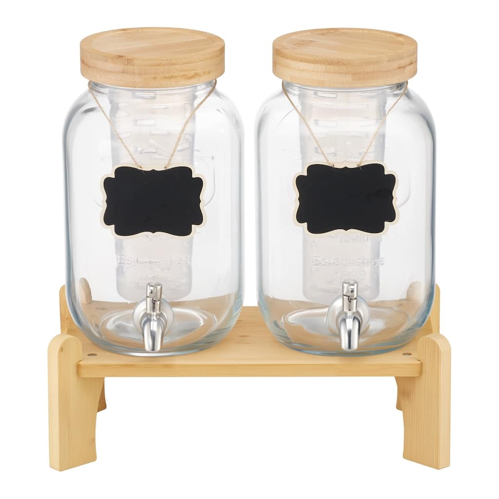 Transparent Glass Dual Cylinder Beverage Dispenser with Wood Stand and Chalkboards - 11.8 x 5.9 x 9.6 in
