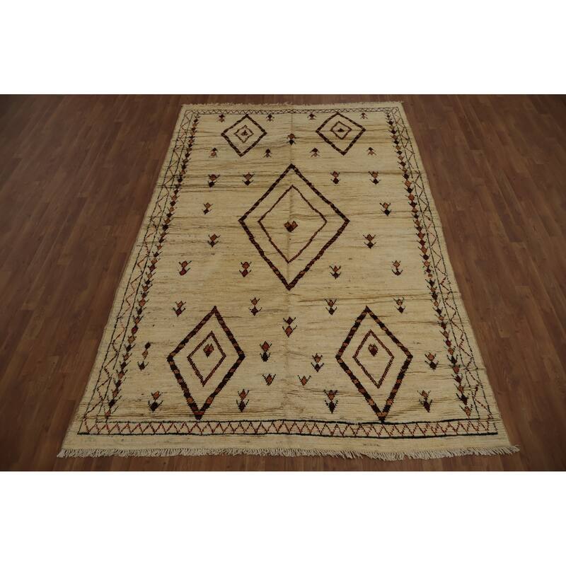 Hand Knotted Oriental 100% Wool Carpet Modern Tribal Beige & Ivories Moroccan Area Rug - 10' 0'' X 6' 4''