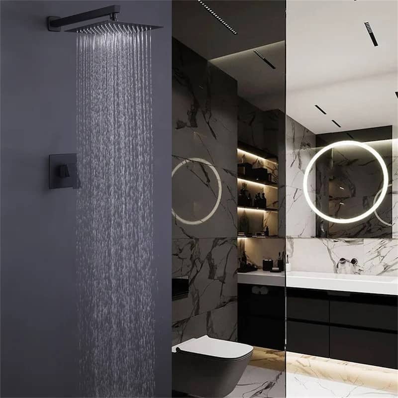 Wall Mount Shower Faucet Set Complete Bathroom Matte Black Shower System 10 Inch Shower Head Trim Kit With Rough-in-Valve