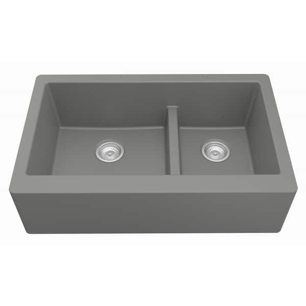 slide 28 of 59, Karran Farmhouse/Apron-Front Quartz Double Bowl Kitchen Sink Grey