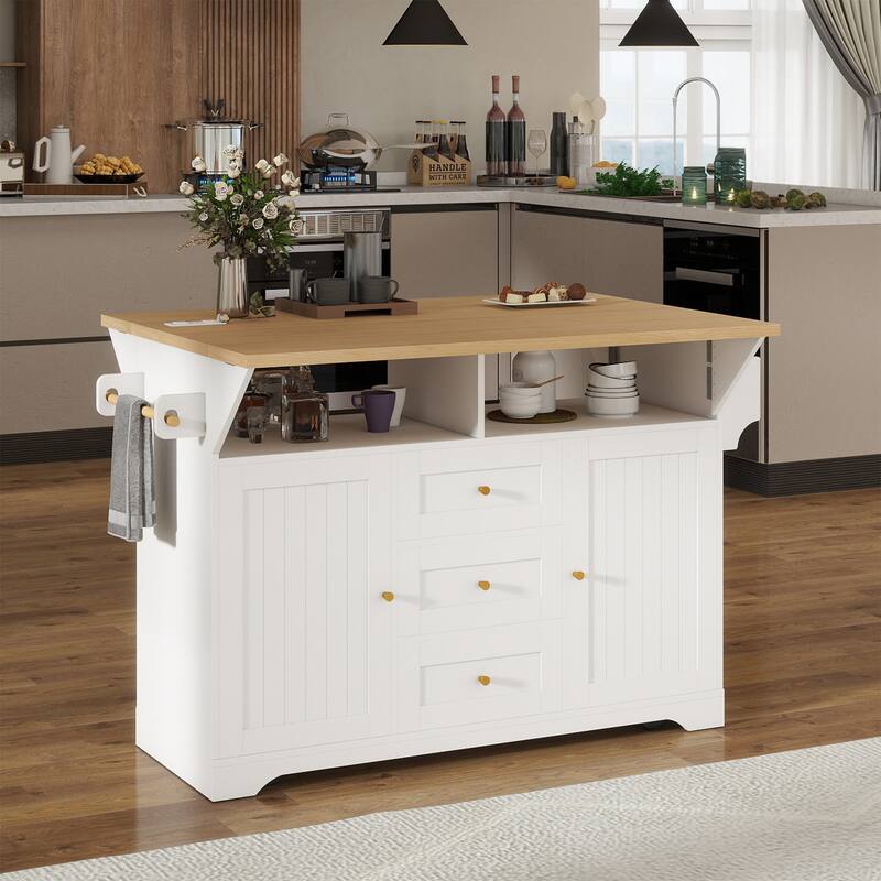 Kitchen Island Cart on 5 Wheels with Extendable Table, Mobile Kitchen Storage Cabinet, Rolling Island with US Standard Outlet - White
