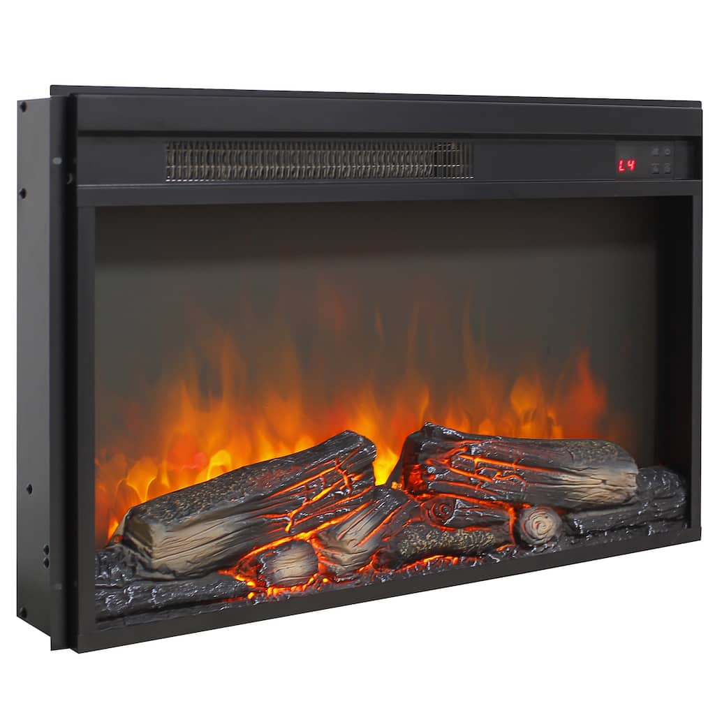 26 inch electric fireplace insert, ultra thin heater with log set & realistic flame, remote control with timer