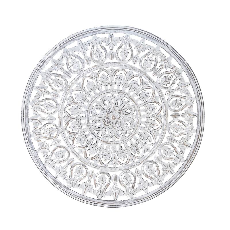 White Wood Handmade Intricately Carved Round Mandala Floral Home Wall Decor