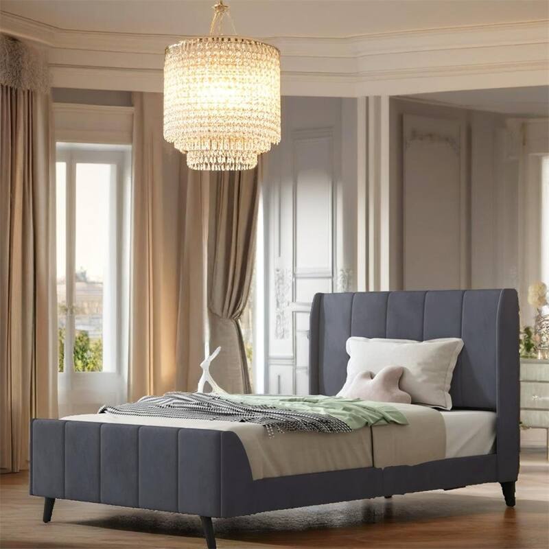 Twin Size Velvet Upholstered Platform Bed with Slats and Legs