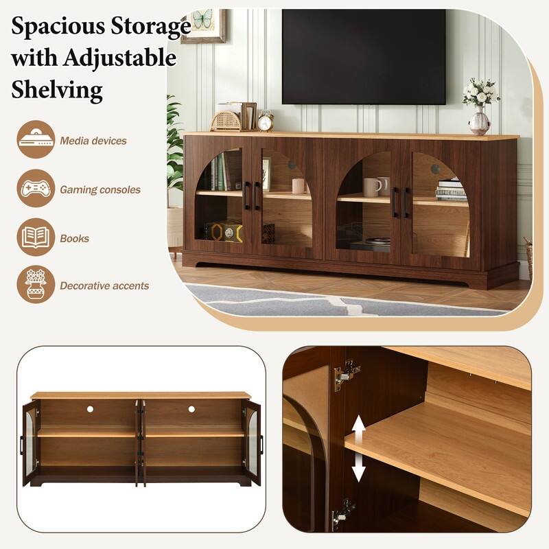 Farmhouse 66.9" TV Stand for TVs Up to 70", Wood Media Console with Adjustable Shelves and Glass Doors