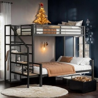 Luxury Twin over Full Size Versatile Bed Configuration, Metal Bunk Bed with Storage Staircase and Open Wardrobe