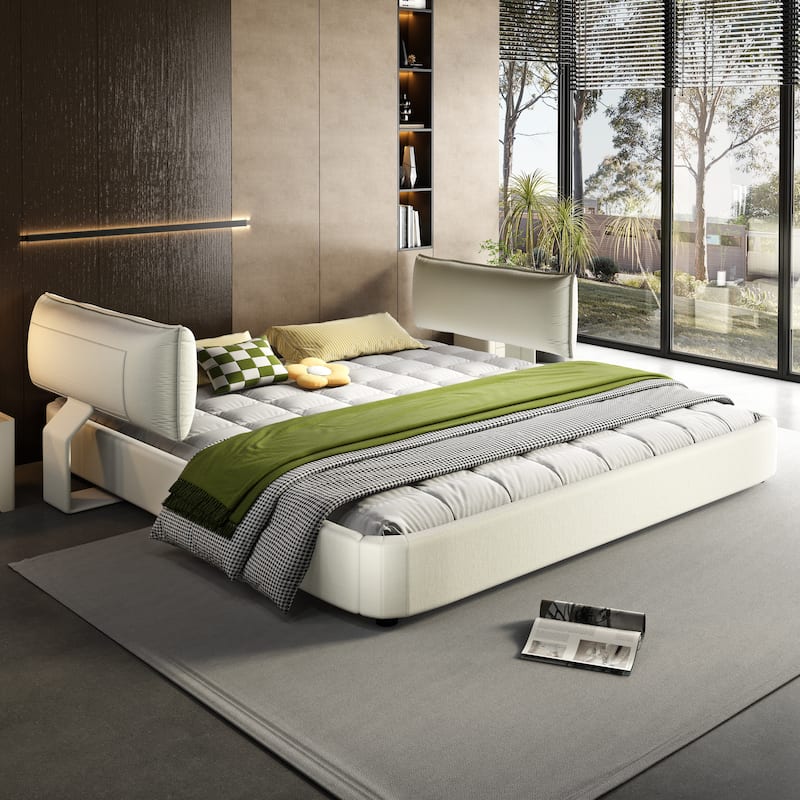 King Size Cloud Bed Frame with Oversized Padded Movable Headboard, Chenille Upholstered Bed with Round Corner