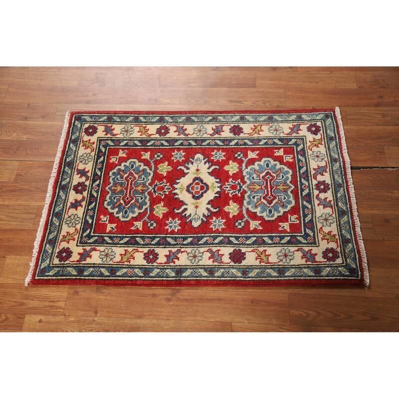 Red Geometric Kazak Oriental Foyer Rug Handmade Wool Carpet - 2'0" x 3'0"