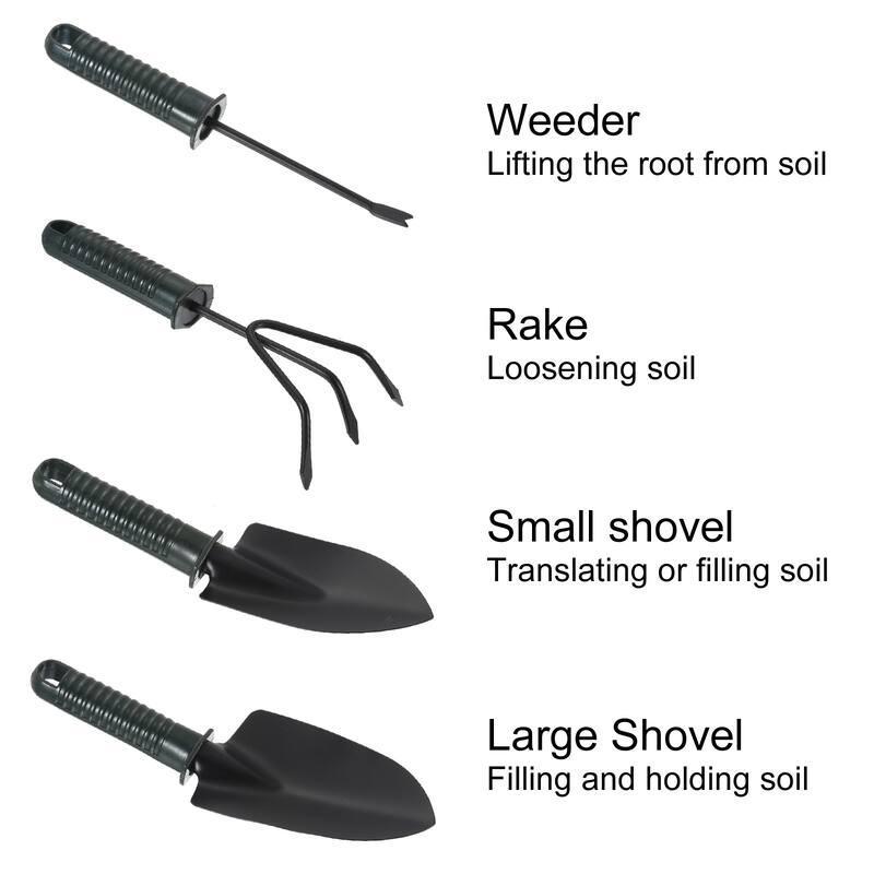 Garden Tool Set, 4 Pcs Carbon Steel Non-slip Handle Shovel Rake Weeder, Grey - Grey, Green
