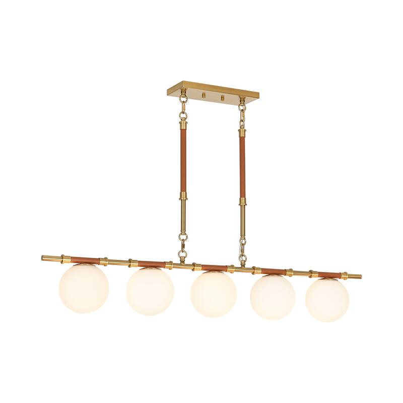 Modern French 5-Light Linear Chandelier in Brushed Brass with Textured Lychee Rods and Opal Globe Shades