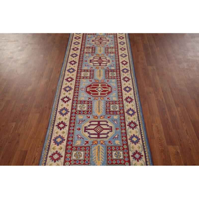 Blue Kazak Oriental Runner Rug Handmade Wool Carpet - 2'7" x 20'6"