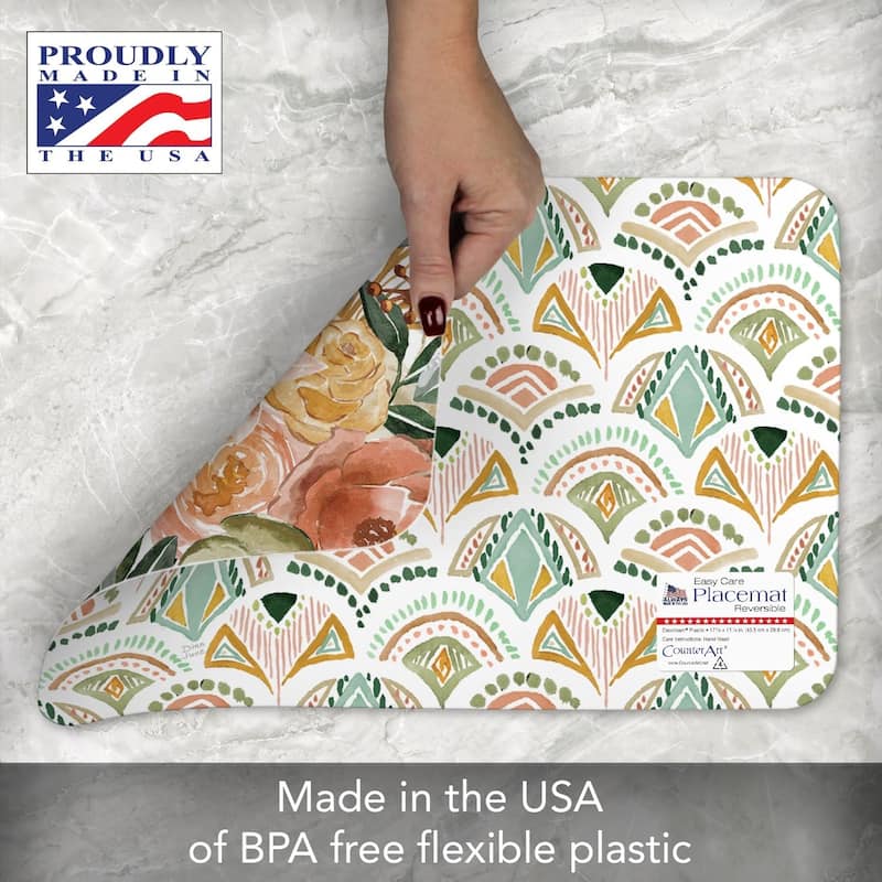 Floral Chic 4 Pack Reversible Easy Care Flexible Plastic Placemats Made in The USA BPA Free Easily Wipes Clean