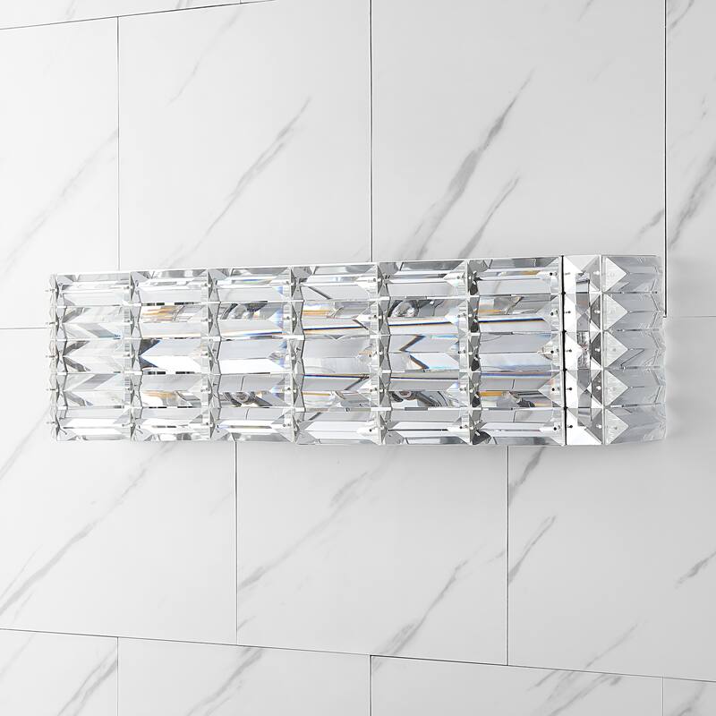 Maeve Crystal Rectangle 3-Light Iron/Crystal Glam Modern LED Vanity Light, by JONATHAN Y