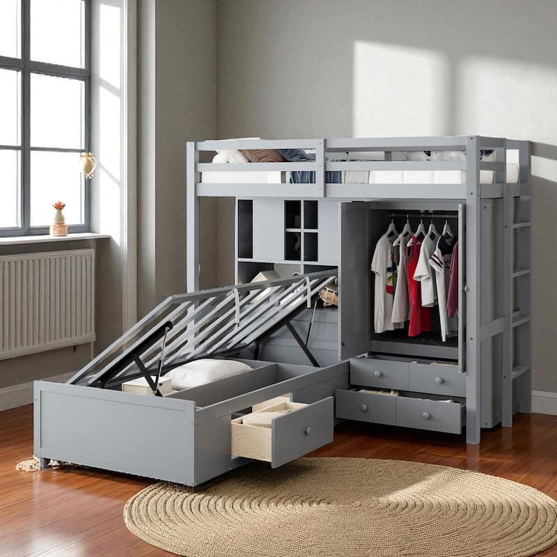 Twin Bunk Bed with Drawers, Wardrobe, Shelves and Hydraulic Lift Storage, Space Saving Bed for Kids Teens