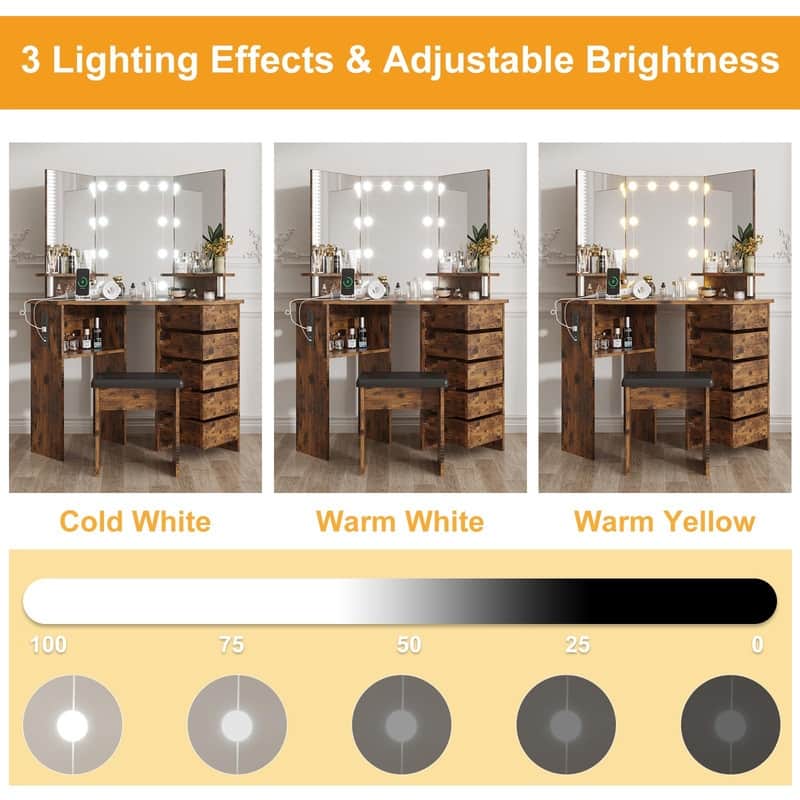Makeup Vanity with Lights, Power Outlets, Tri-Fold Mirror, 5 Rotating Drawers, Stool