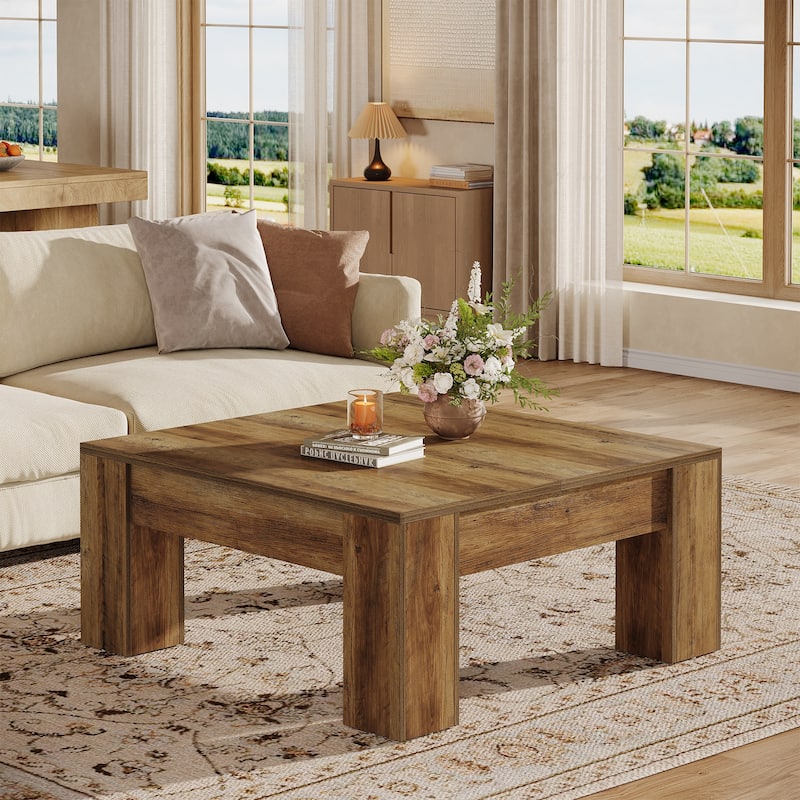 39-Inch Wood Farmhouse Square Coffee Table with Sturdy Legs
