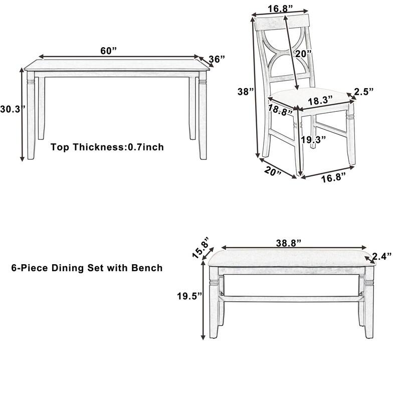 6-Piece Wood Dining Table Set Kitchen Table Set with Upholstered Bench and 4 Dining Chairs