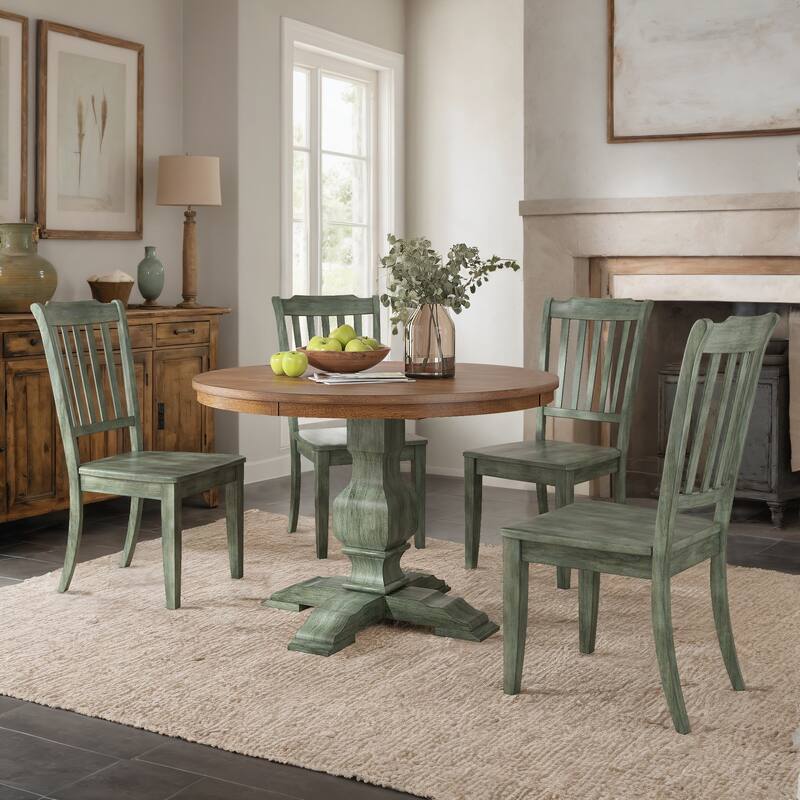 Ronda 45" Round Solid Wood Top Dining Set with Spindle Back Chairs - Antique Sage Green Table - Antique Sage Green Chairs