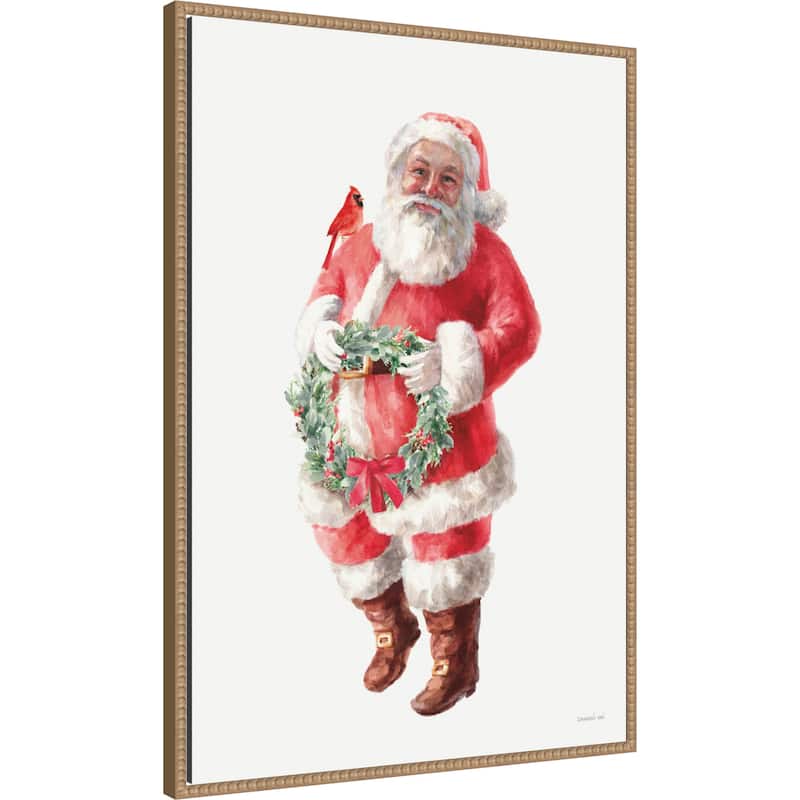 Jolly Santa with Wreath by Danhui Nai (23 x 33 in.), Framed Canvas Wall Art Print - Sylvie Beaded Rustic Natural