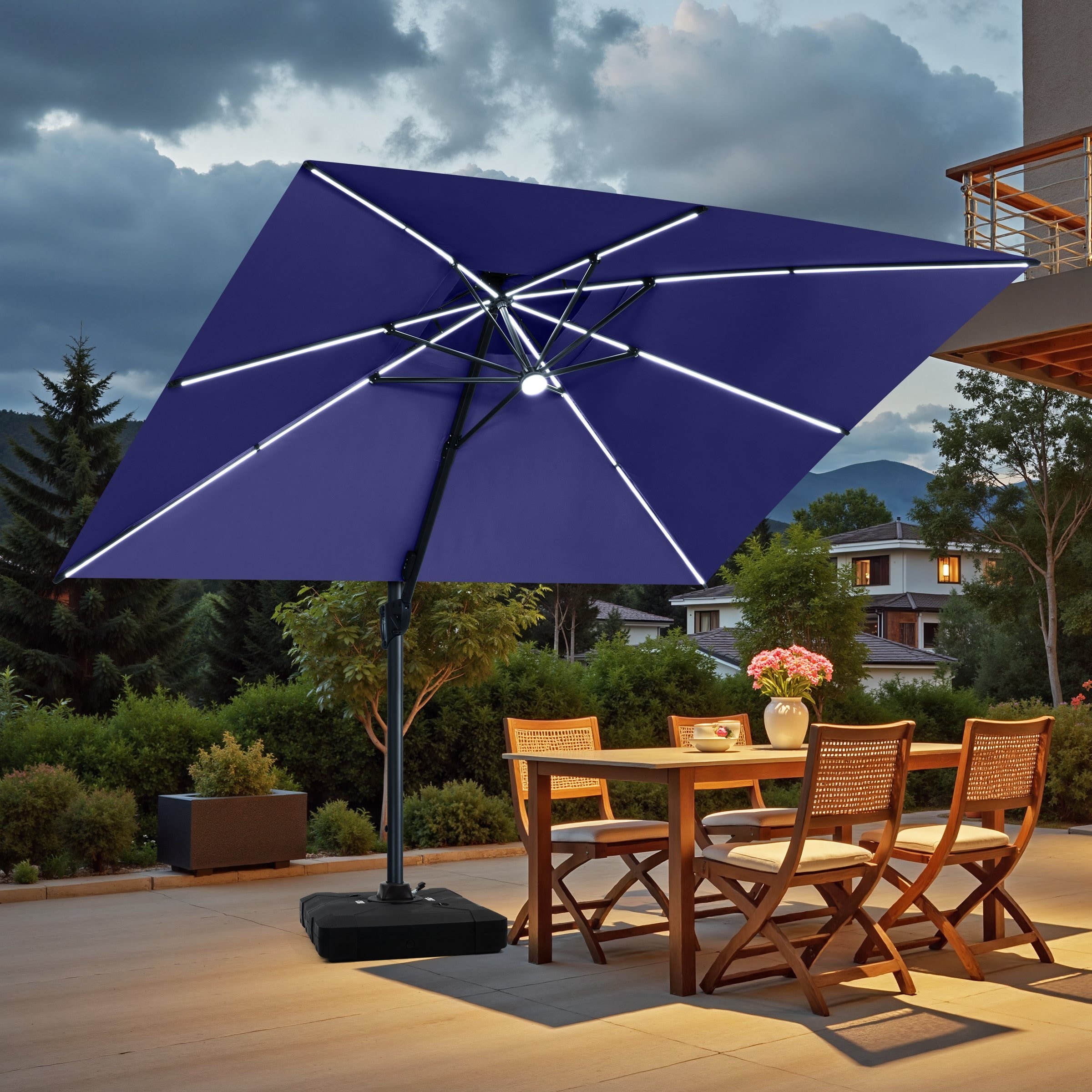 10 ft navy patio umbrella Best Choice Products 10ft Solar Polyester LED Lighted w/Tilt Adjustment and UV-Resistant Fabric Ideal for placing next to your favorite poolside chair or outdoor furniture Tempera 10Ft Auto Tilt Flora