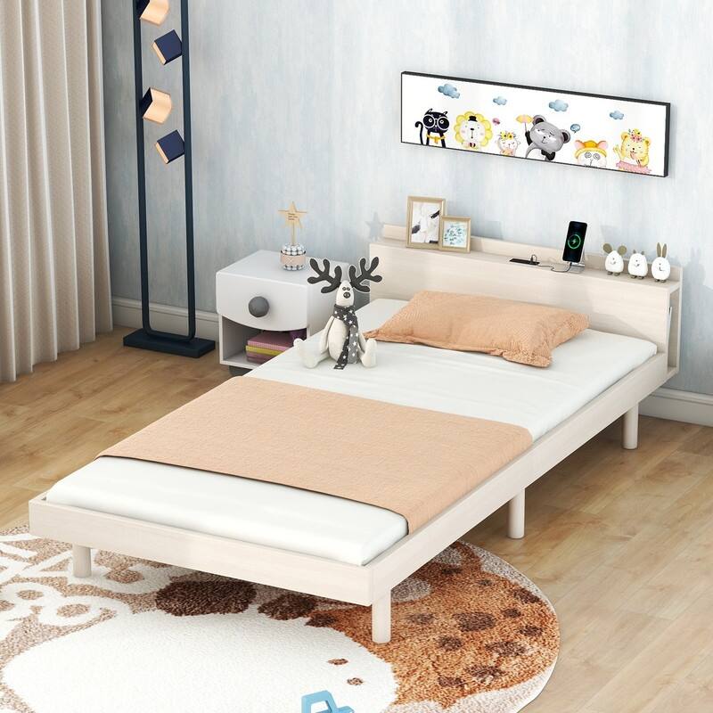 White Washed Twin Size Platform Bed Frame with USB Ports