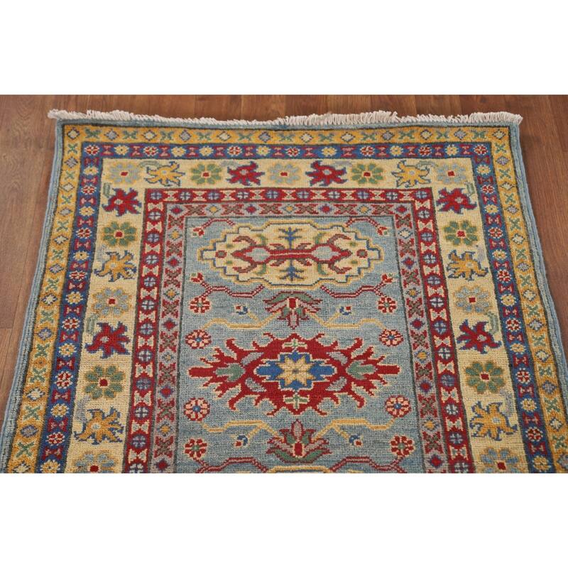 Kazak Runner Rug Light Blue Handmade Wool Carpet - 2'7" x 9'3"