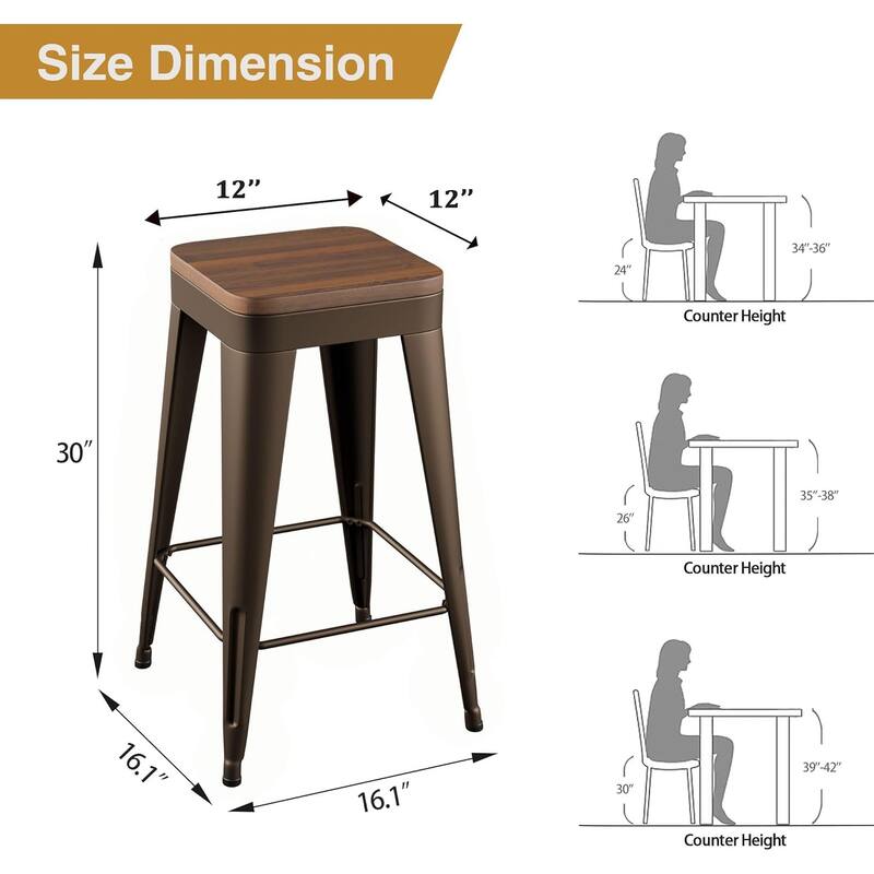 Counter & Bar Stools with Metal Frame Kitchen Stools Backless Kitchen Bar Furniture Stools with Square Wooden Seat