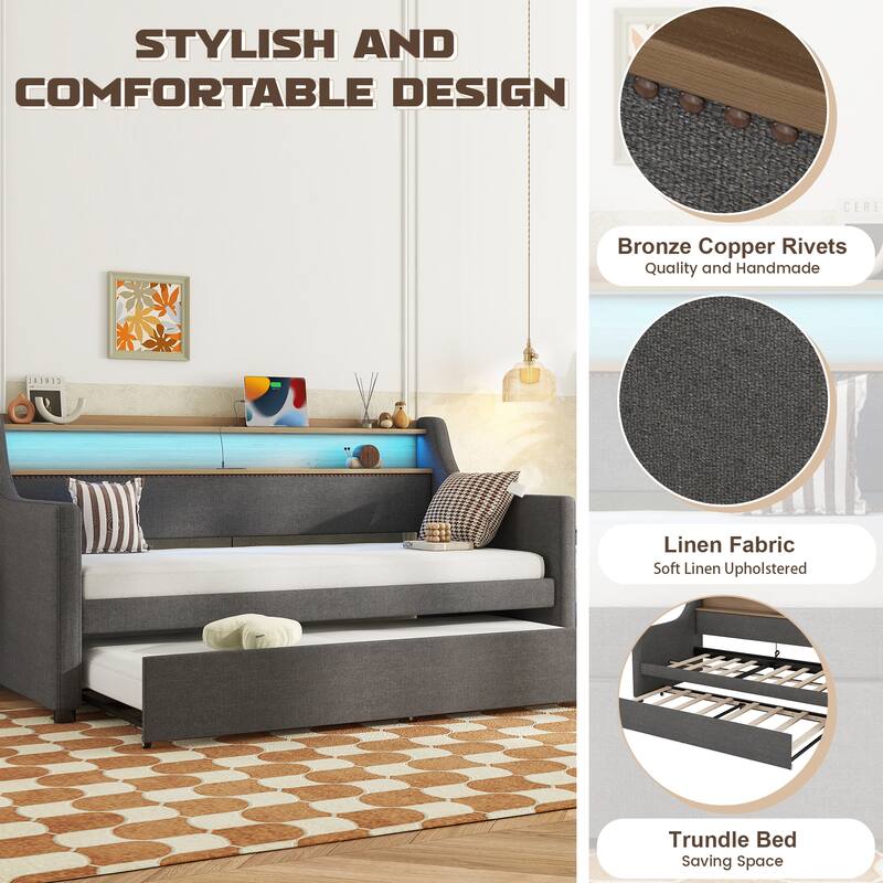Stylish Twin Upholstered Daybed with Trundle Bed, USB Charging Station, and LED Lights for Bedrooms