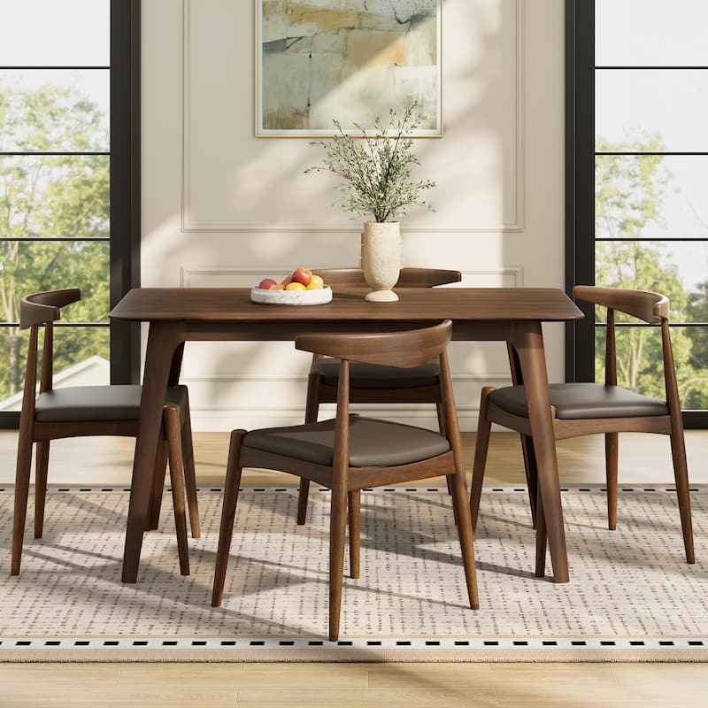 Christopher Knight Home - Modern 5-Piece Dining Set with Ergonomic Faux Leather Upholstery Chairs and 47.2" Rectangle Wood Table - Walnut+Brown - 5-Piece Set