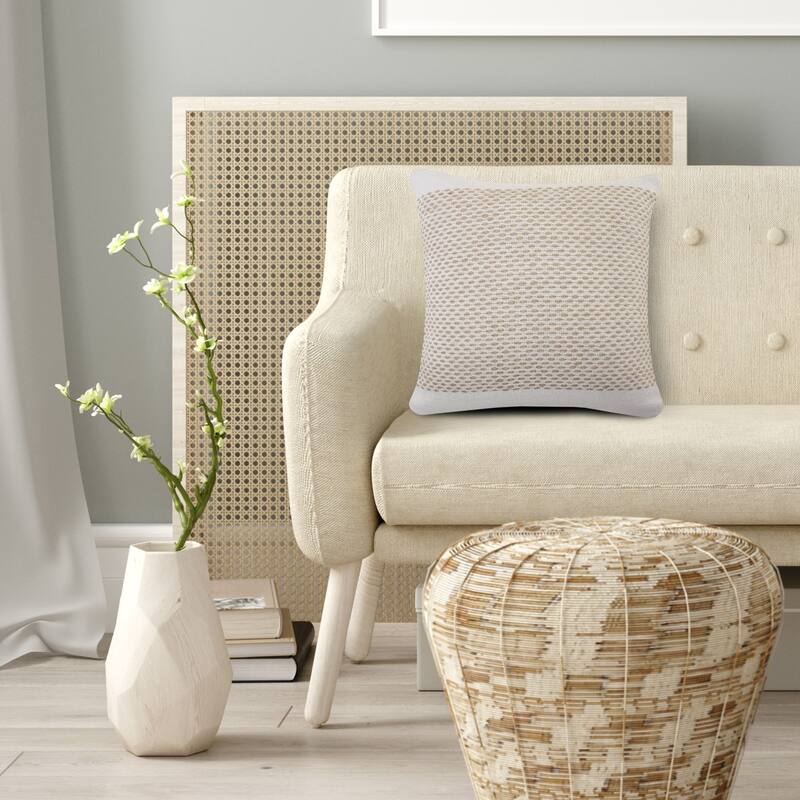 20" Ivory and Tan Interwoven Bordered Square Throw Pillow