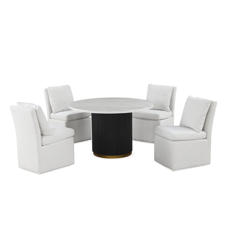 Furniture of America Torin Modern 5-Piece White Marble Top Round Dining Set with Boucle Upholstered Chairs